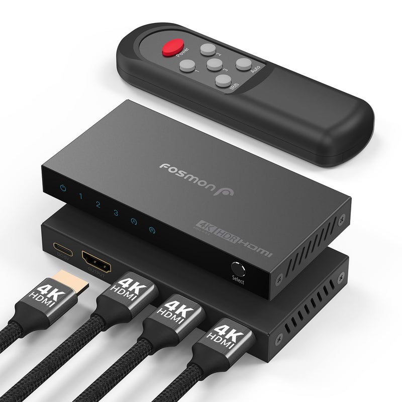Fosmon 3-Port HDMI 4K Switch with Remote, Support 4K@60Hz HDCP 2.2 High Speed 18Gbps 3 in 1 Out Auto-Switching 3x1 HDMI 2.0 Switcher Splitter Hub Compatible with PS5, Xbox X, Apple TV - Image 1